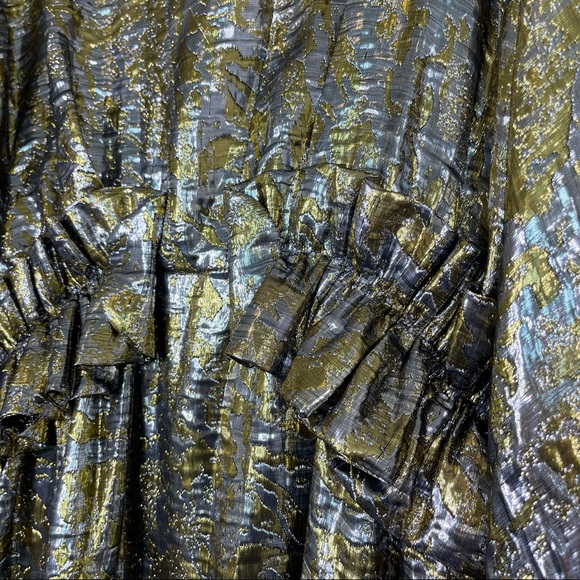 DRIES VAN NOTEN Ruffle Trimmed Metallic Silk Blend Brocade Dress NEW Silver Gold - Picture 7 of 15